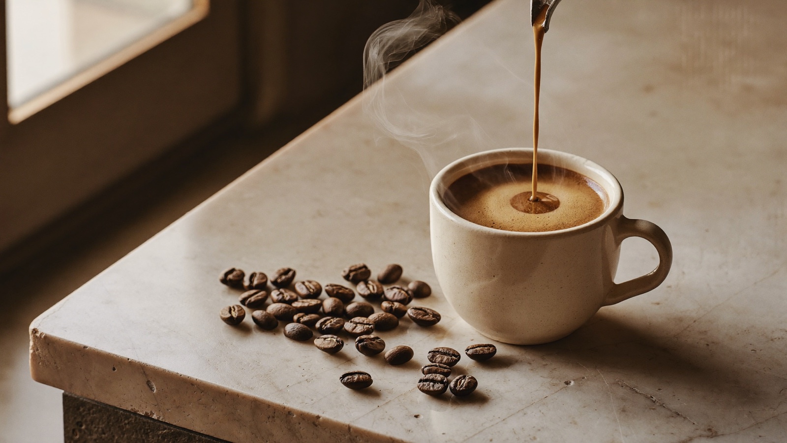 Espresso pouring into a ceramic cup